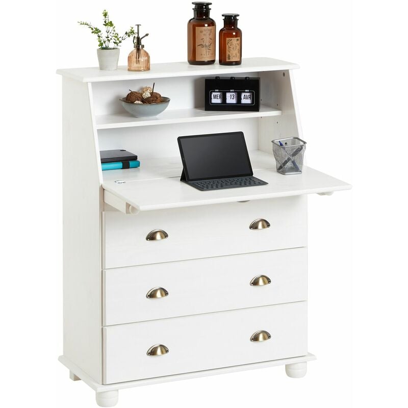 Idimex - Bureau secrétaire gomes avec 3 tiroirs en pin massif lasuré blanc
