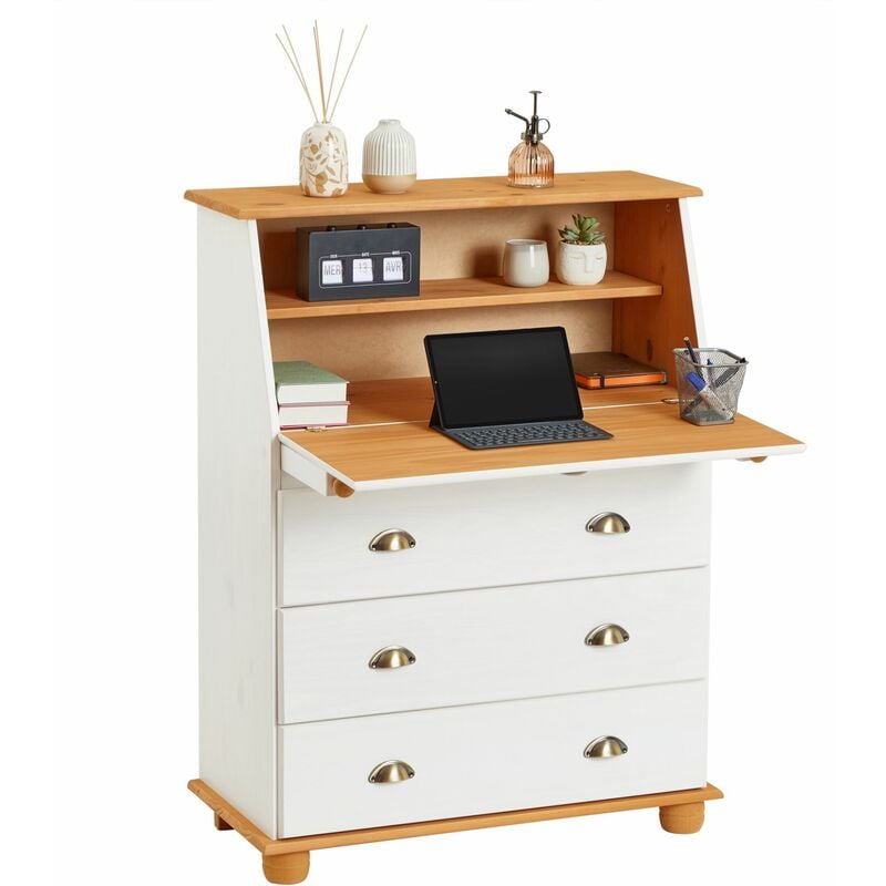 Idimex - Bureau secrétaire gomes avec 3 tiroirs en pin massif lasuré blanc et brun