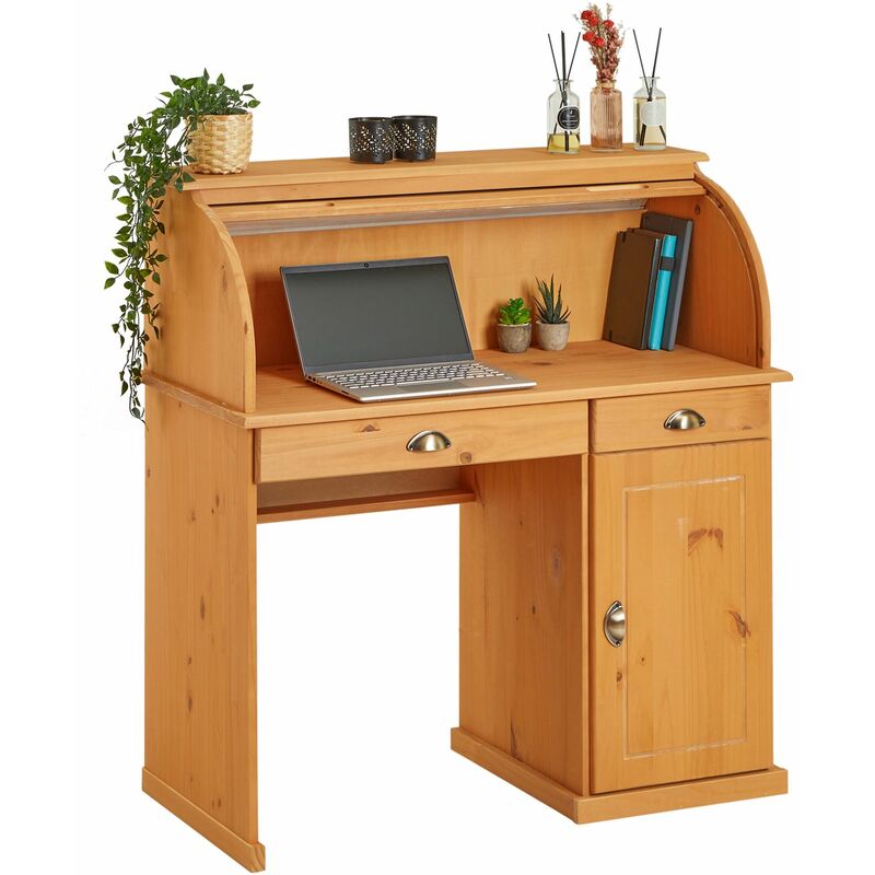 Idimex - Bureau secrétaire tom avec 2 tiroirs et 1 porte en pin massif lasuré brun