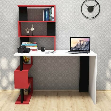 Bureau Snap avec Bibliotheque Integree, etageres - pour Bureau, Chambre - Blanc, Rouge, Noir en Bois, 120 x 60 x 148,2 cm