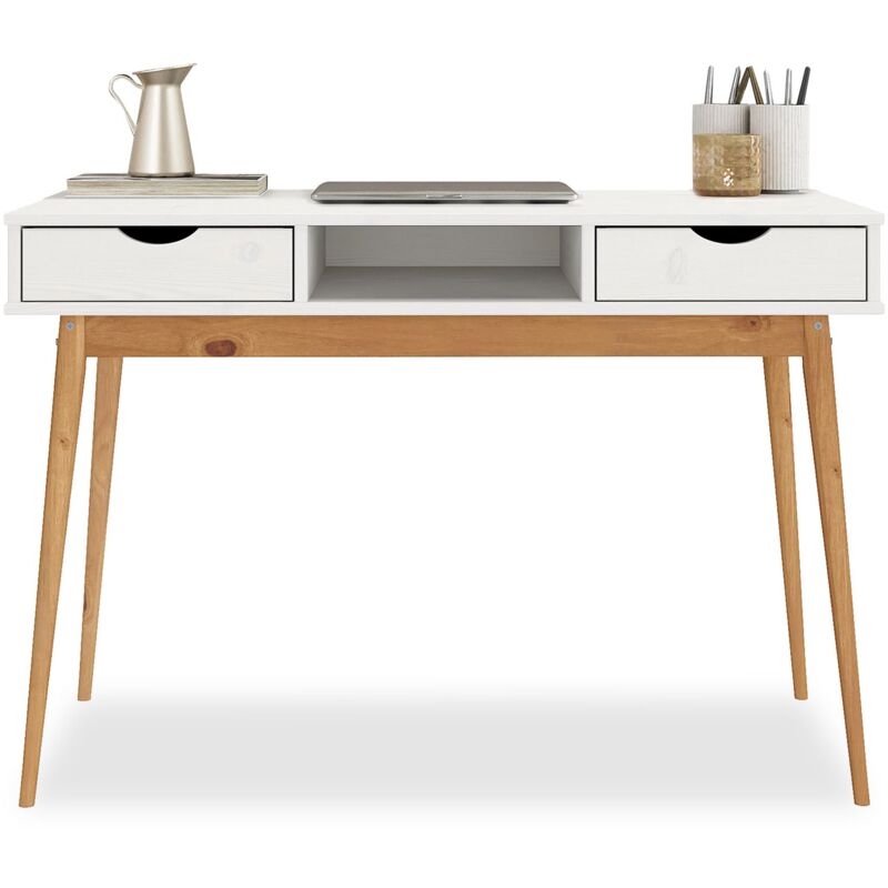 Idimex - Bureau stefano en pin massif avec 2 tiroirs et 1 niche lasuré blanc/chêne