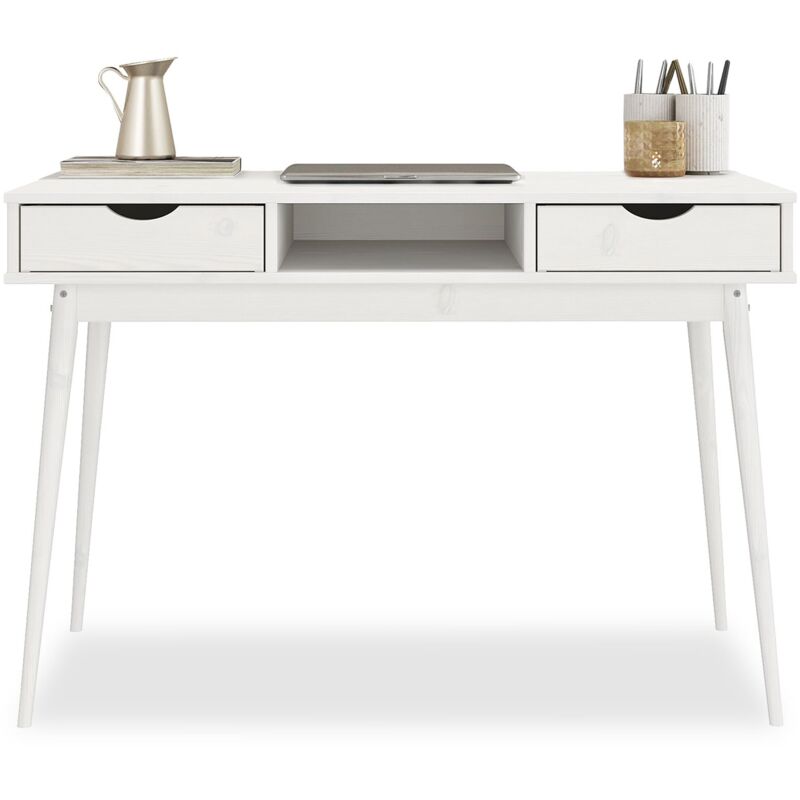 Idimex - Bureau stefano en pin massif avec 2 tiroirs et 1 niche lasuré blanc