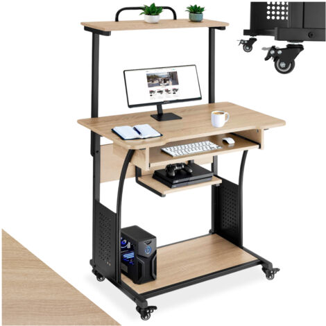 Tectake – Bureau gamer 80x50,5cm avec 4 étagères en bois clair et acier – Tiroir à clavier 55x26,5cm – Construction stable avec roulettes