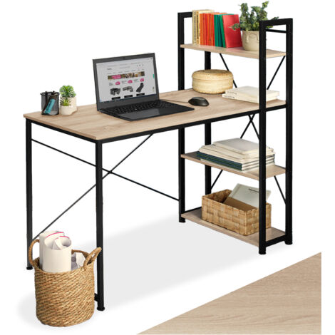 Tectake – Bureau d'angle style industriel avec étagère – 3 espaces de rangement bois clair – Dimensions 122x61x120 cm – Capacité de charge 150 kg
