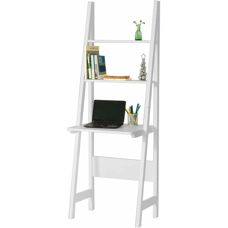 Sobuy - Bureau, Table Bibliothèque, étagère style échelle de 2 tablettes et 1 plan de travail, -Blanc FRG60-W ®