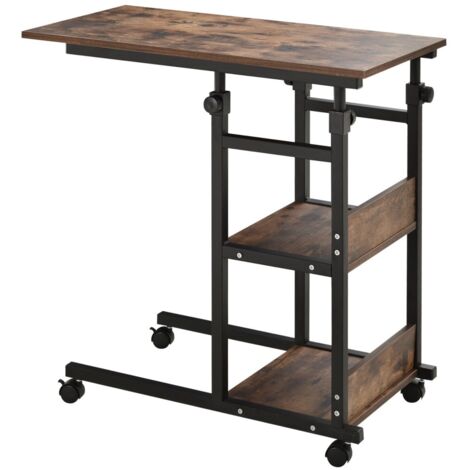 Bureau Table d'Appoint Roulante Hauteur Réglable (72-82 cm) - Bureau avec 2 Plateaux, Cadre Métal Noir - pour Salon