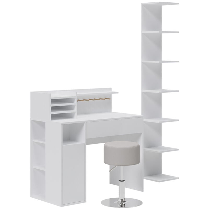 Vicco - Bureau, Blanc, 3 pièces, avec bibliothèque et tabouret