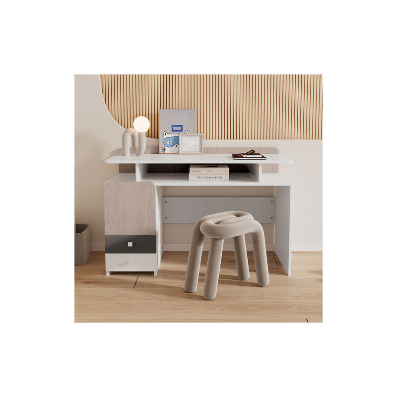 Lunsy - Bureau, table d'étude,table,table de chambre d'adolescent avec 3 tiroirs, tiroirs avec glissières silencieuses,MDF,blanc + orme clair + gris