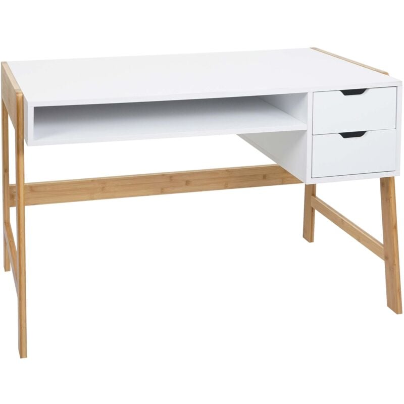 Décoshop26 - Bureau table d'ordinateur avec deux tiroirs 76x115x58 cm mdf blanc et bambou 040006058