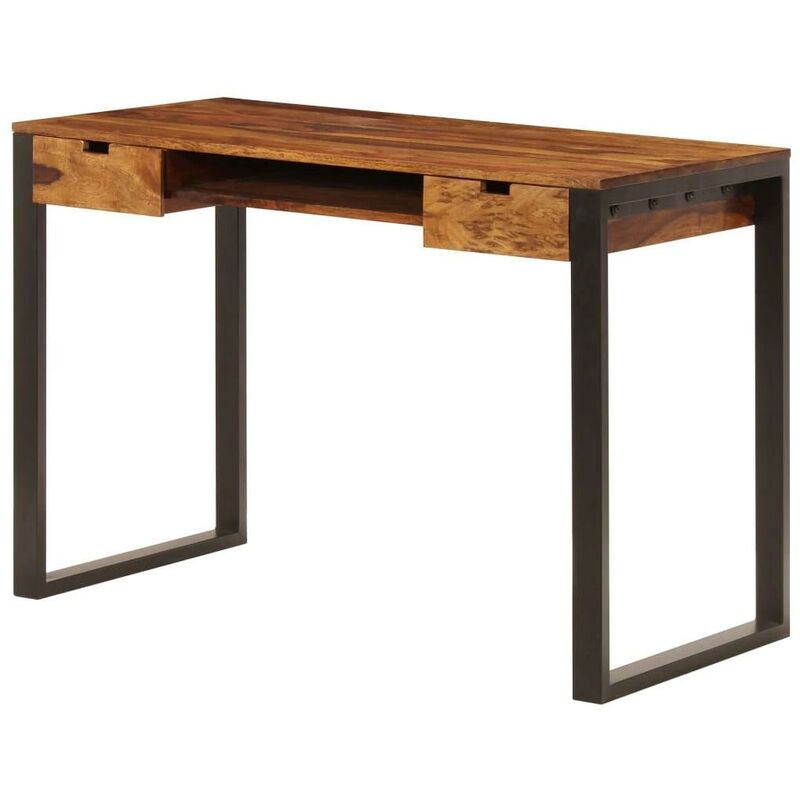 Bureau table meuble travail informatique 110 cm bois solide et acier - Bois