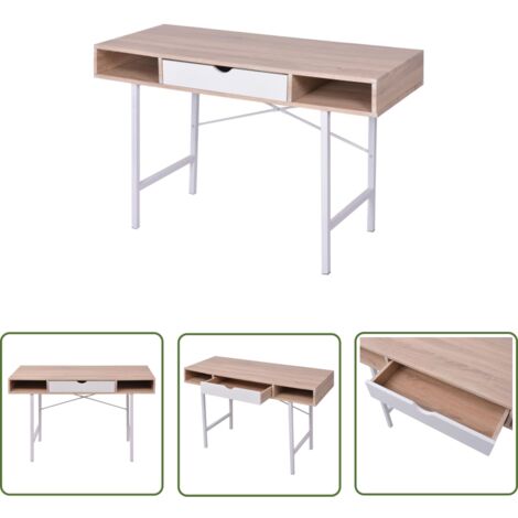 Bureau table meuble travail informatique bureau avec 1 tiroir chêne et blanc