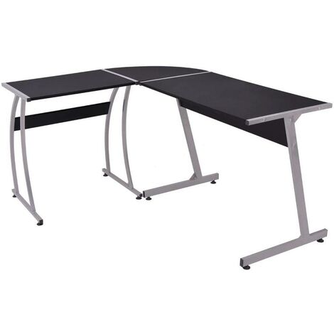 Bureau table meuble travail informatique de coin en forme de L noir