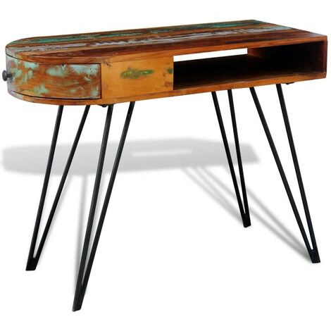Bureau table meuble travail informatique en bois solide recyclé avec pieds broche en fer