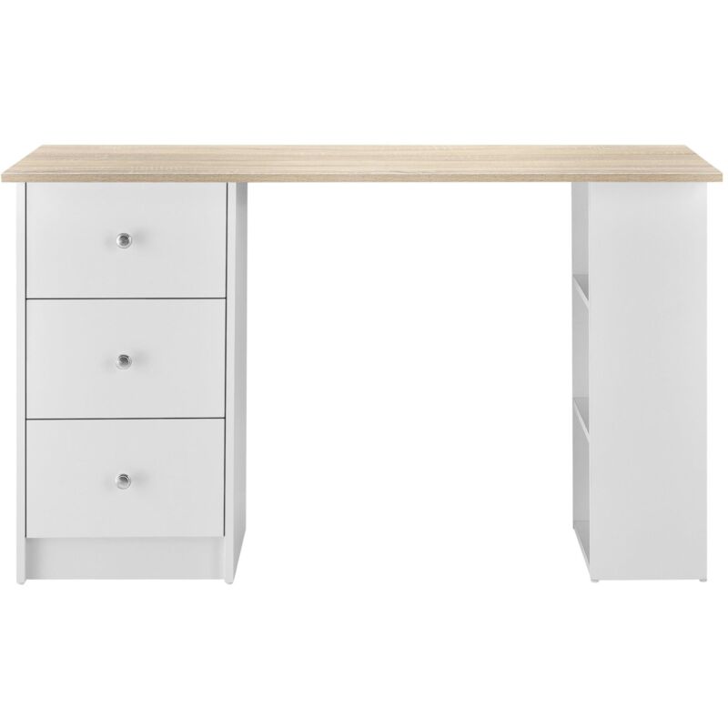 bureau table poste de travail informatique avec 3 tiroirs 120 cm blanc et bois - Blanc