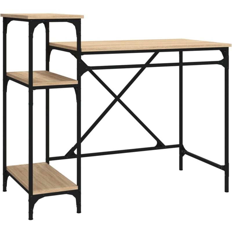 Helloshop26 - Bureau table poste de travail meuble d'ordinateur informatique étude avec étagères chêne 105 x 50 x 90cm bois d'ingénierie et fer brun