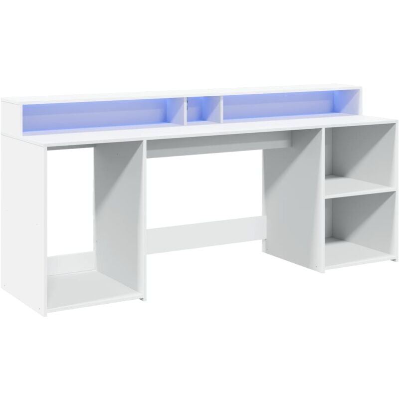 Helloshop26 - Bureau table poste de travail meuble d'ordinateur informatique étude avec lumières led 200 x 55 x 91 cm bois d'ingénierie blanc