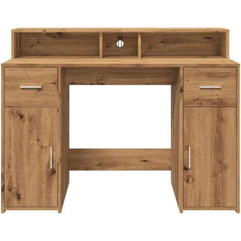Bureau table poste de travail meuble d'ordinateur informatique étude avec lumières LED chêne artisanal bois d'ingénierie brun