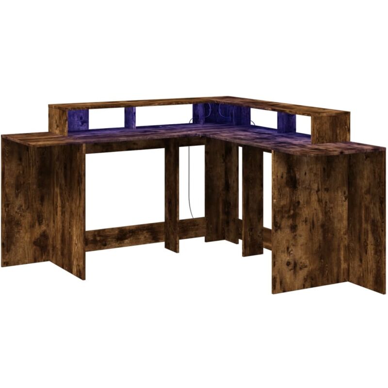 Helloshop26 - Bureau table poste de travail meuble d'ordinateur informatique étude et lumières led chêne fumé 152 x 152 x 91cm bois ingénierie brun