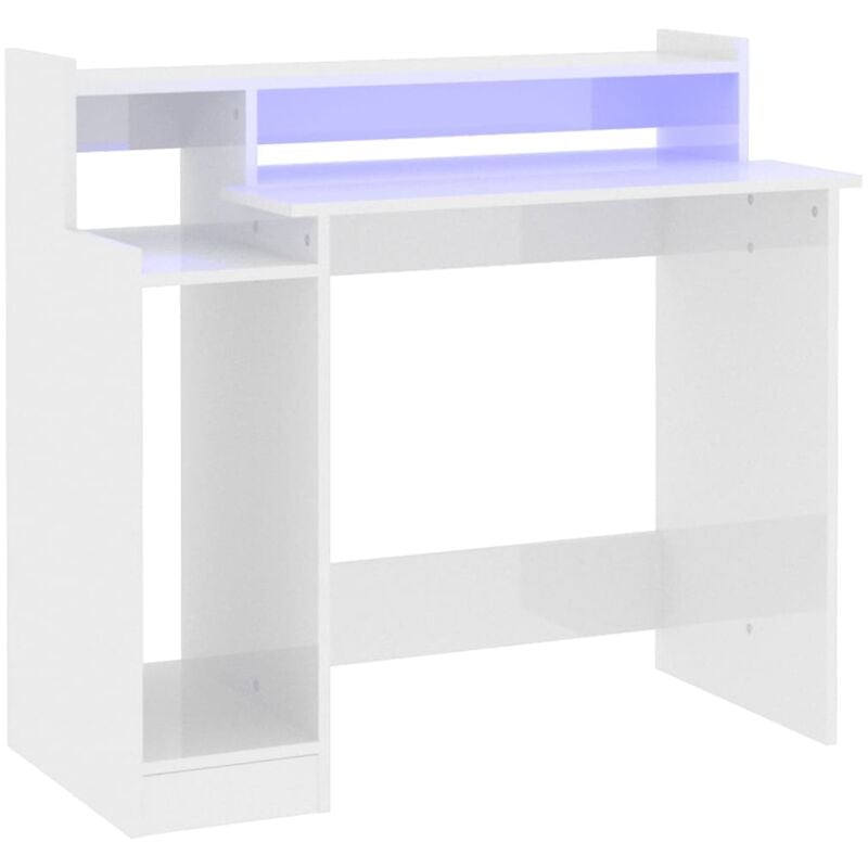 Helloshop26 - Bureau table poste de travail meuble d'ordinateur informatique étude lumières led brillant 97 x 45 x 90cm bois d'ingénierie blanc