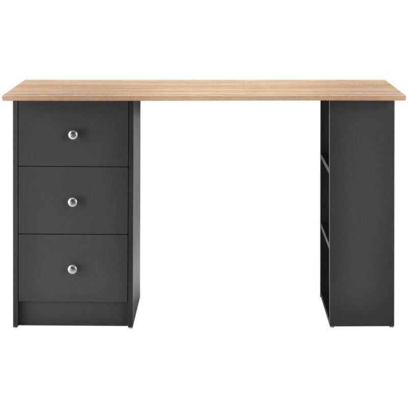 Bureau table secrétaire poste de travail informatique avec 3 tiroirs 120 cm gris foncé et bois - Bois