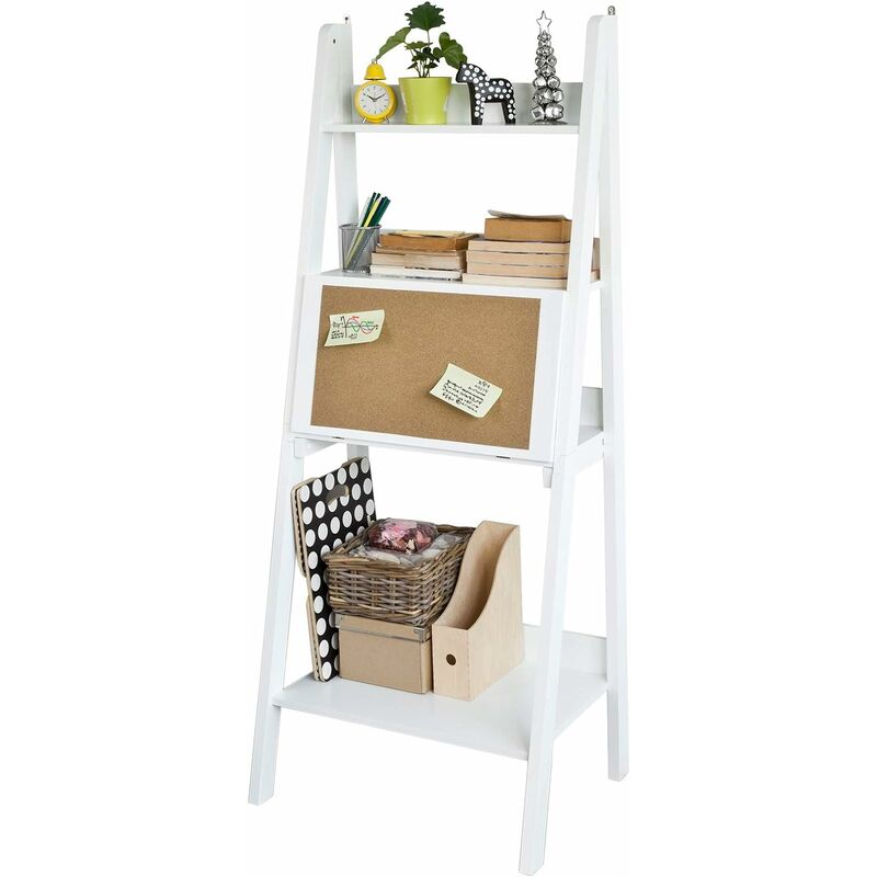 Bureau Table étagère murale style échelle de 3 tablettes, 1 plan de travail rabatable et 1 Memo Board -Blanc FRG115-W Sobuy