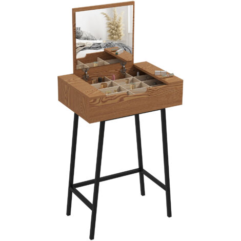Bureau toilette miroir rabattable coiffeuse industrielle 16 petits compartiments chambre effet bois naturel