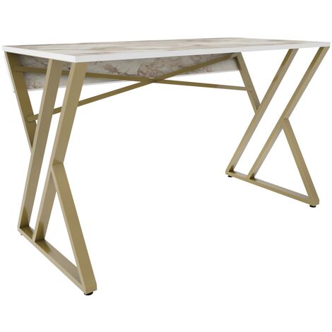 Bureau tréteau bois blanc effet marbre et pieds métal doré Pilaz 120cm