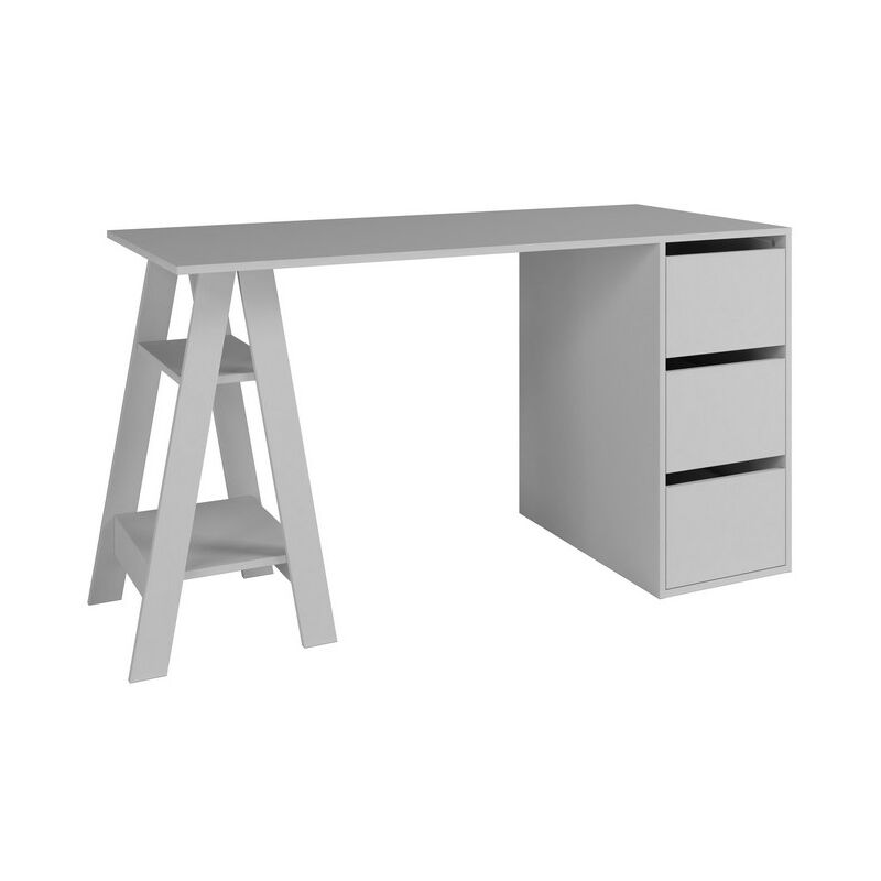 Beaux Meubles Pas Chers - Bureau Tréteau et Caisson 3 Tiroirs Blanc 2 Niches l 135 h 75 p 60 cm