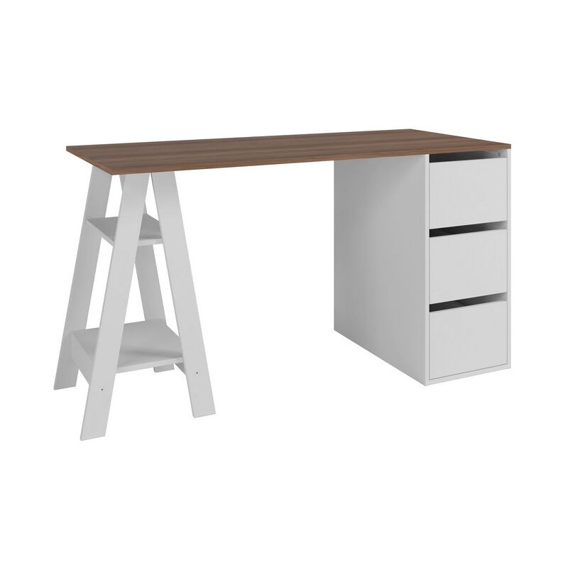 Beaux Meubles Pas Chers - Bureau Tréteau et Caisson 3 Tiroirs Blanc et Châtaignier l 135 h 75 p 60 cm