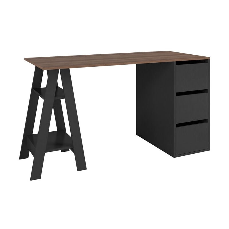 Beaux Meubles Pas Chers - Bureau Tréteau et Caisson 3 Tiroirs Noir et Châtaignier l 135 h 75 p 60 cm