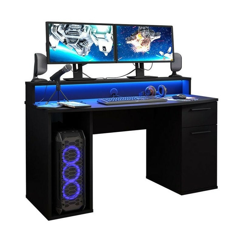 Bureau de gaming York 100, Noir mat, Avec des portes, Avec tiroirs, Le nombre de portes: 0, Nombre de tiroirs: 0, 76x140x65cm, led