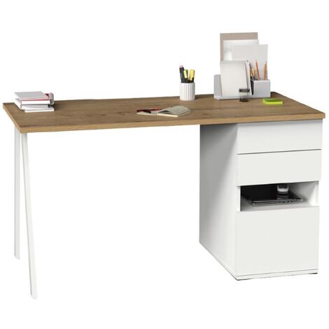 Bureau,table de travail en aggloméré finition chêne doré avec pied en métal blanc-Longueur 137.5 x Profondeur 67 x Hauteur 76 cm -PEGANE-