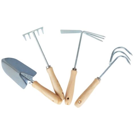 BURI Gartengeräte-Set 4tlg. Blumenkelle Grubber Rechen Doppelhacke Gartenwerkzeug