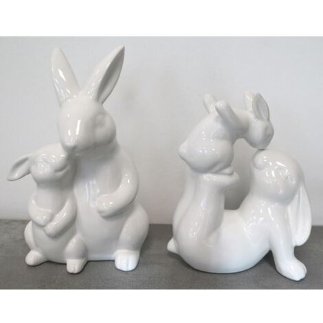 BURI Hasenpärchen Weiß Glanz Keramik Figur Innendekoration Haushalt Tisch Ostern