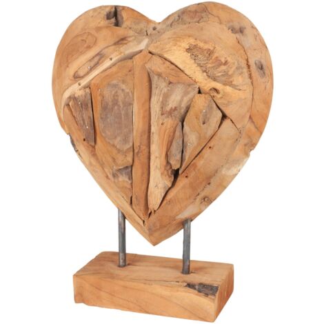 BURI Teak Herz Skulptur auf Ständer massiv - 30 cm Tisch Deko Figur Holz Fensterbankaufsteller Dekoaufsteller