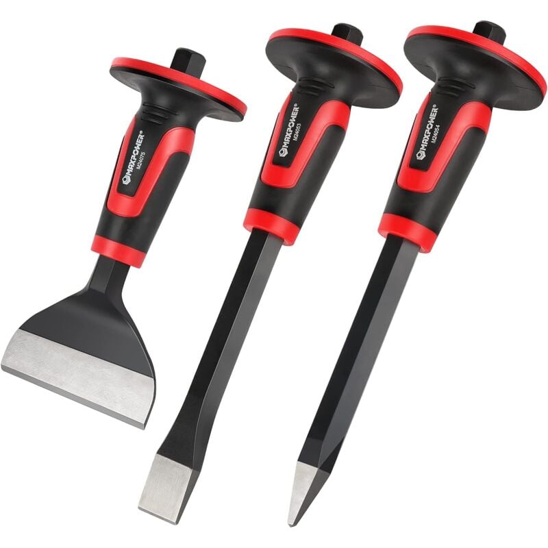 Burin 3 Pièces,Burin de Maçon Plat 300mm,Burin de Maçon Pointu 300mm,Burin de Maçon ​Plat 220mm Professionnel- Poignée Bi Matière Pour Plus De