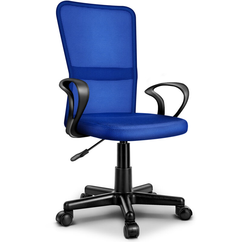 TRESKO Chaise de bureau bleue pivotante, avec accoudoirs et roulettes en plastique à roulement doux, réglable en hauteur en continu, siège rembourré,