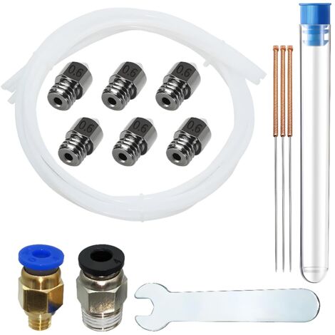 Buse en Acier pour Filament de 1.75mm Ender 3, Buse MK8 0,6 mm 6 pièces avec 3 aiguilles nettoyage buse de 0,6 mm + tube en téflon 3  1 M + 1 clé à fourche de 6mm + PC4-M6-M10 (1P+1P)