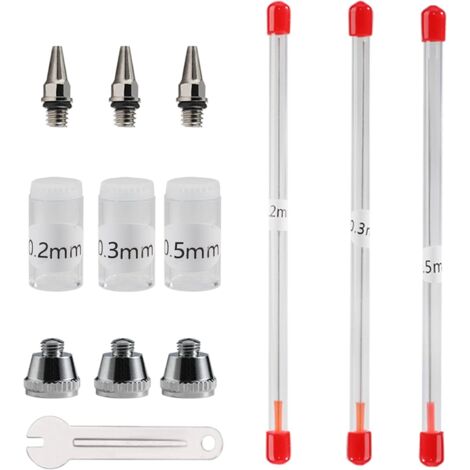 Buse et Aiguille pour Aérographe 0,2 mm, 0,3 mm, 0,5 mm, Accessoires de Rechange pour Pistolet pulvérisateur, kit avec clé à molette