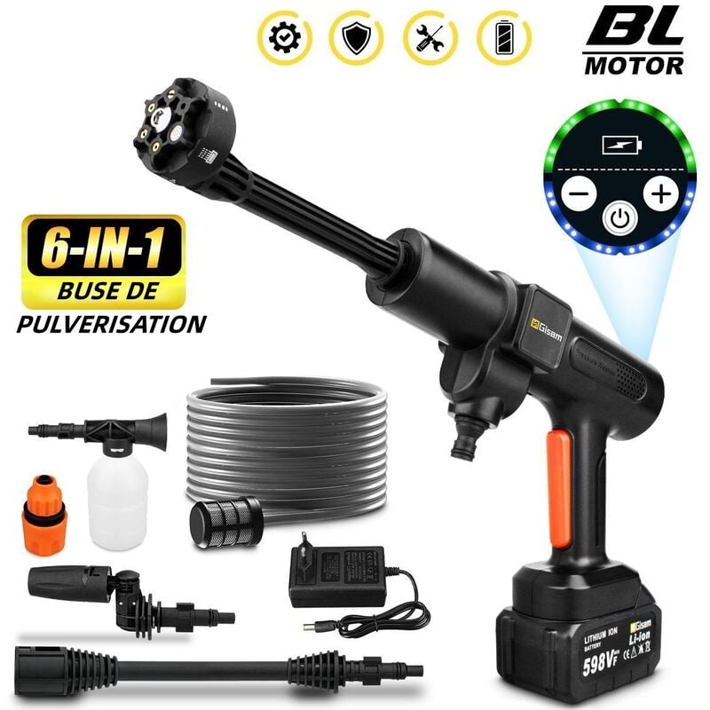 Gisam - 56 bar Pistolet à eau électrique haute pression avec buse pivotante 6 en 1 avec batterie pour nettoyer les clôtures de voiture et les meubles