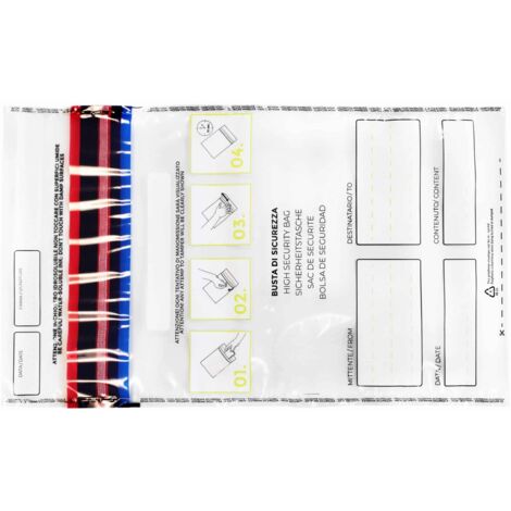 Busta di massima sicurezza con codice numerico/barcode e nastro VOID - Packaging: 120×200+30 mm - Numero Pezzi: 100 buste