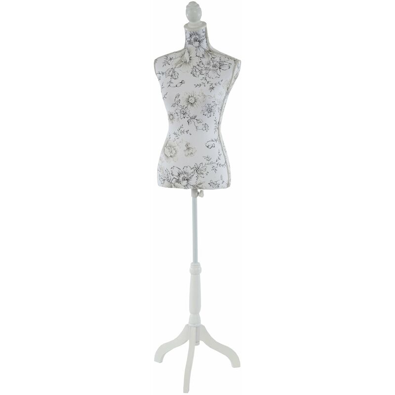 Décoshop26 - Buste de couture féminin sur pieds hauteur régable mannequin femme déco vitrine fibre de verre blanc avec des fleurs