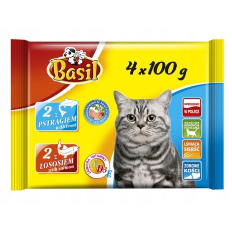 Bustine di cibo per gatti al basilico con salmone 1x(4x100g)
