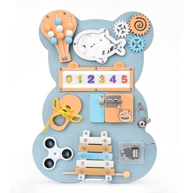 Busy Board Montessori Bois, Planche Activité Sensorielle Tableau Occupée Conception Suspendue Motricité Fine pour Enfant (Bleu)