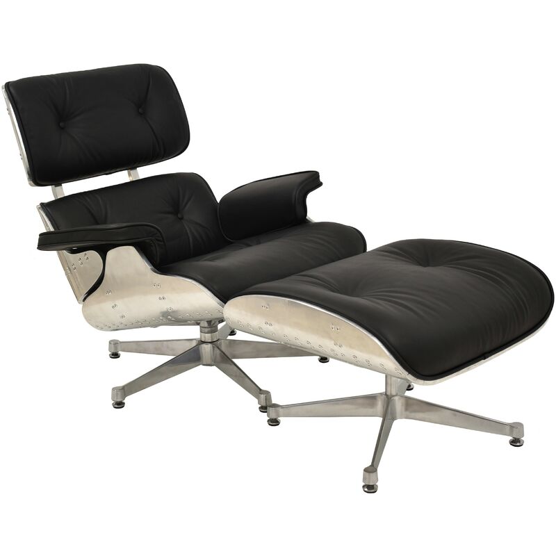

Butaca con ottoman EA, aluminio, base pulida, piel negra