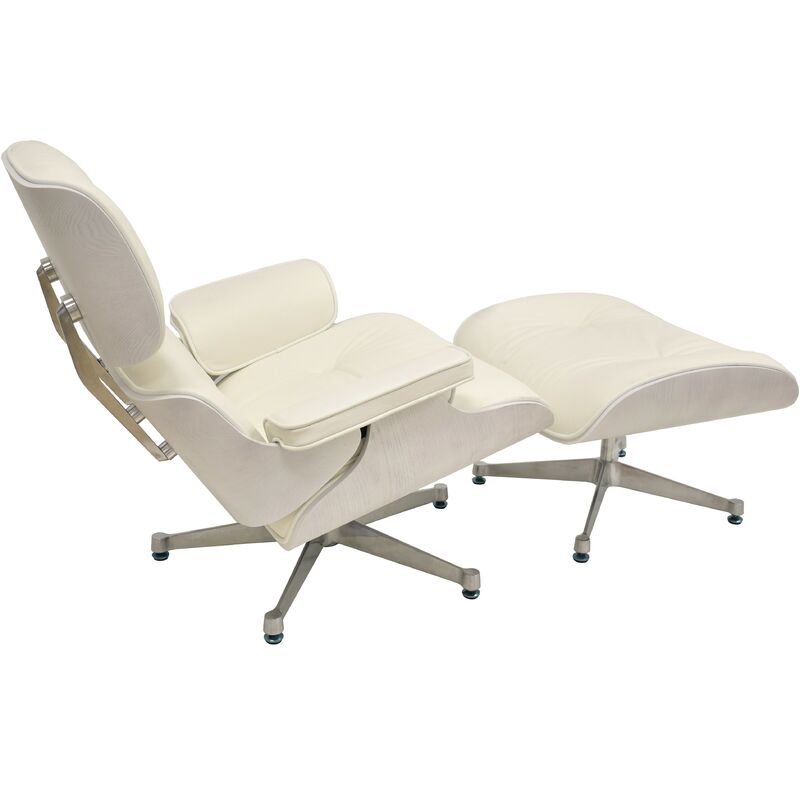 

Butaca con ottoman EA, blanca, base pulida, piel blanca