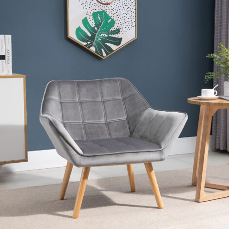 Butaca de Salón Moderna Tapizado en Terciopelo con Asiento Ancho Patas de Madera Sillón Relax para Sala de Estar Gris