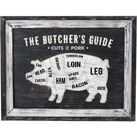 Butchers Cuts Pork Wall Plaque - Wood - L3 x W58 x H45 cm - Grey/White