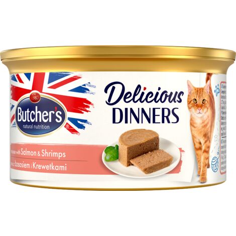 Butcher's Delicious Dinners, Katzenfutter, mit Lachs und Garnelen, Mousse 85g