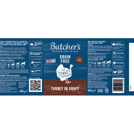 Butcher's Original Turkey in Gravy, Hundefutter, mit Truthahn und Gemüse, Stücke in Soße, 400g